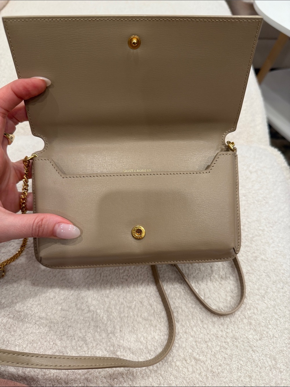 Saint Laurent Beige Leather Crossbody Wallet with Gold YSL - Used once. - Picture 4 of 5